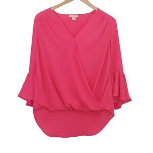 Finn & Grace Neon Pink Blouse Size Small Hi-Low Faux Wrap Top